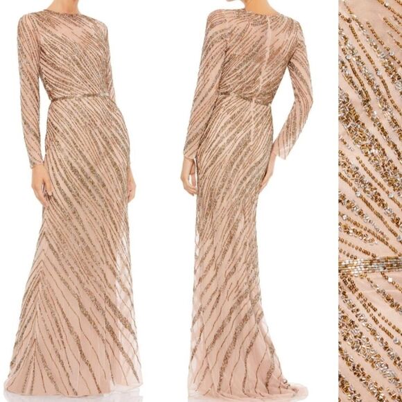 $598 NEW MAC DUGGAL beaded long sleeve neutral column gown Mother Bride 10 NWT